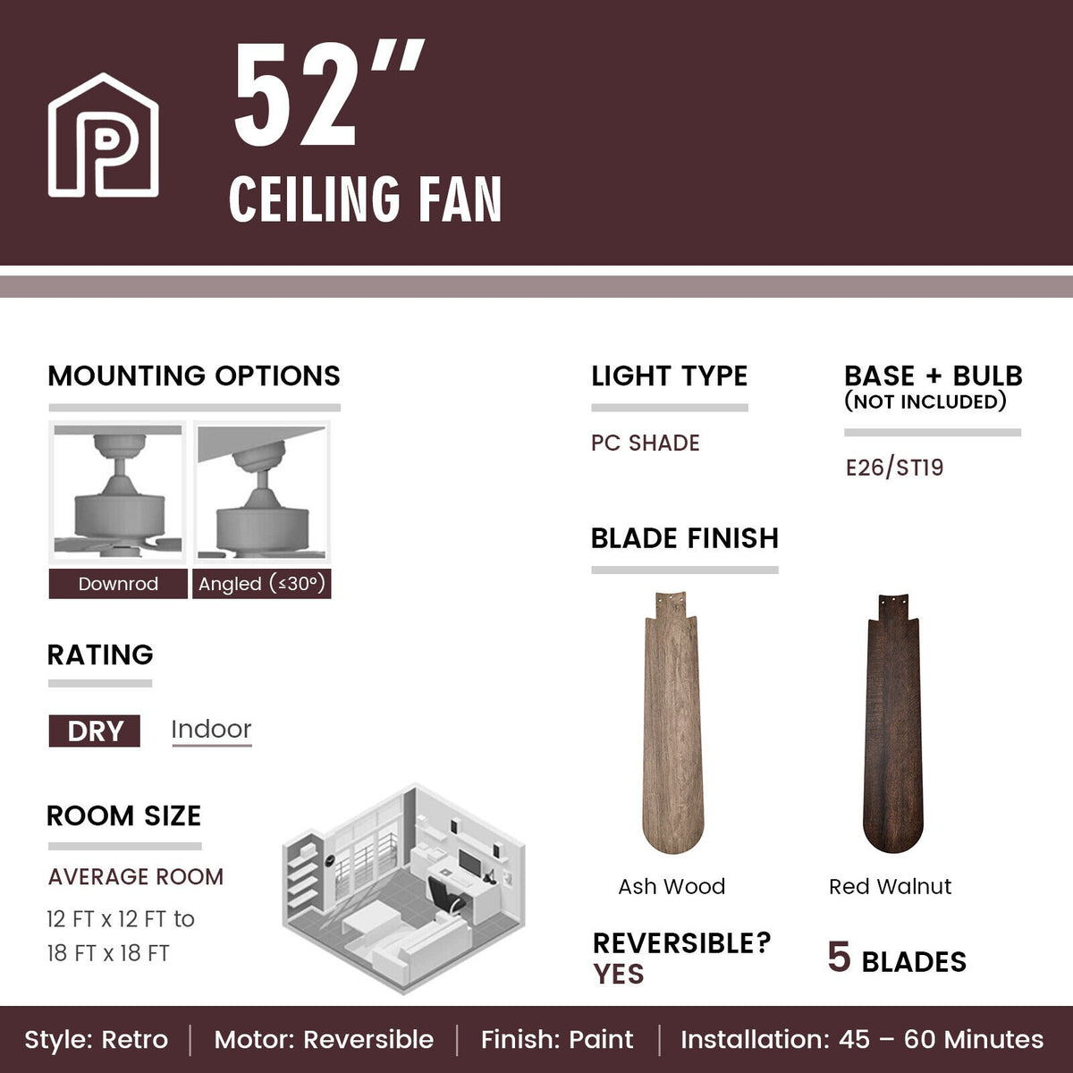 52 Inches Ceiling Fan with Remote Control-Walnut view 5