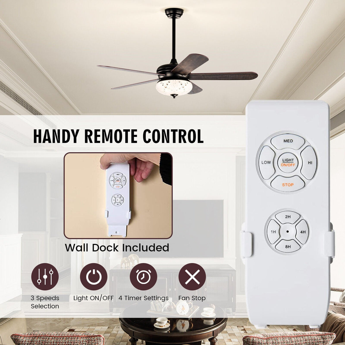 52 Inches Ceiling Fan with Remote Control-Walnut view 7