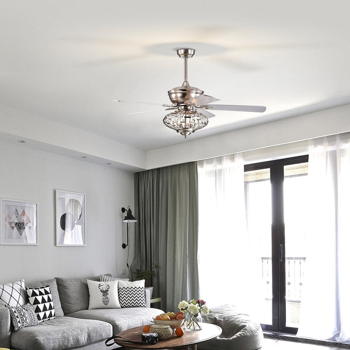 52 Inches Ceiling Fan with Wooden Blades and Remote Control-Silver view 2