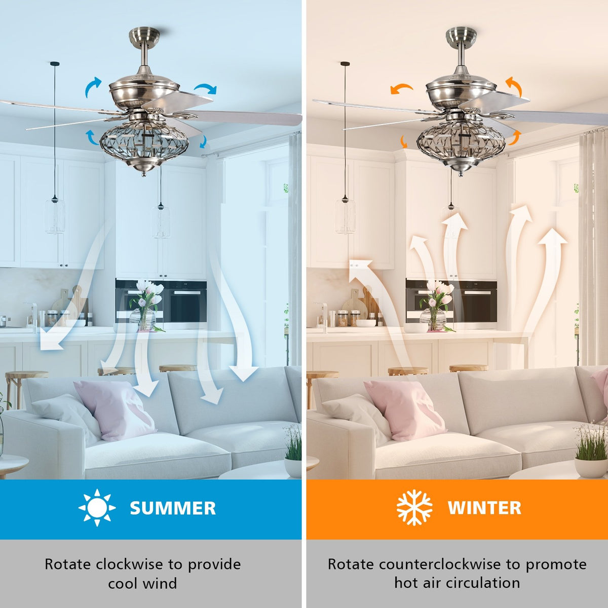52 Inches Ceiling Fan with Wooden Blades and Remote Control-Silver view 9