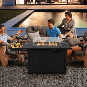 52 Inches Outdoor Wicker Gas Fire Pit Propane Fire Table with Cover-Black view 3
