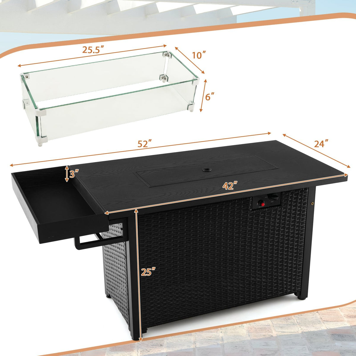 52 Inches Outdoor Wicker Gas Fire Pit Propane Fire Table with Cover-Black view 4