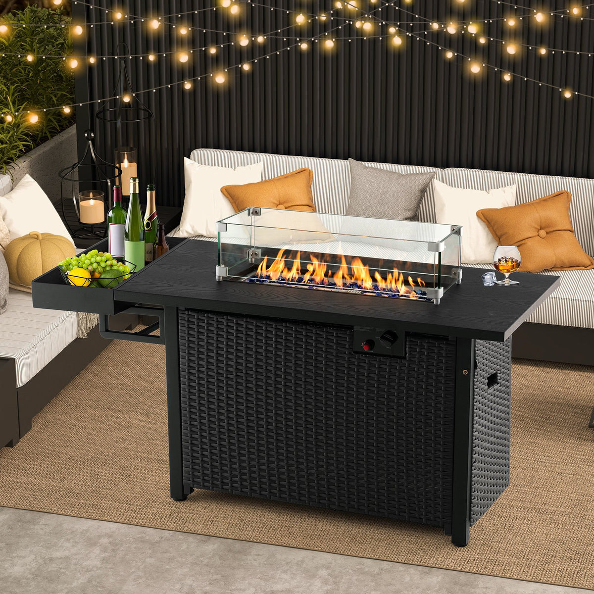 52 Inches Outdoor Wicker Gas Fire Pit Propane Fire Table with Cover-Black view 5