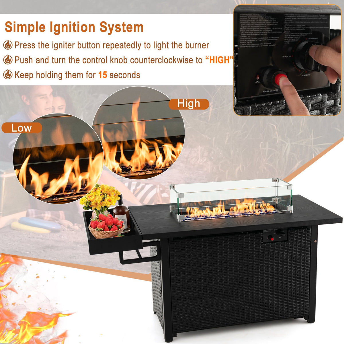 52 Inches Outdoor Wicker Gas Fire Pit Propane Fire Table with Cover-Black view 6
