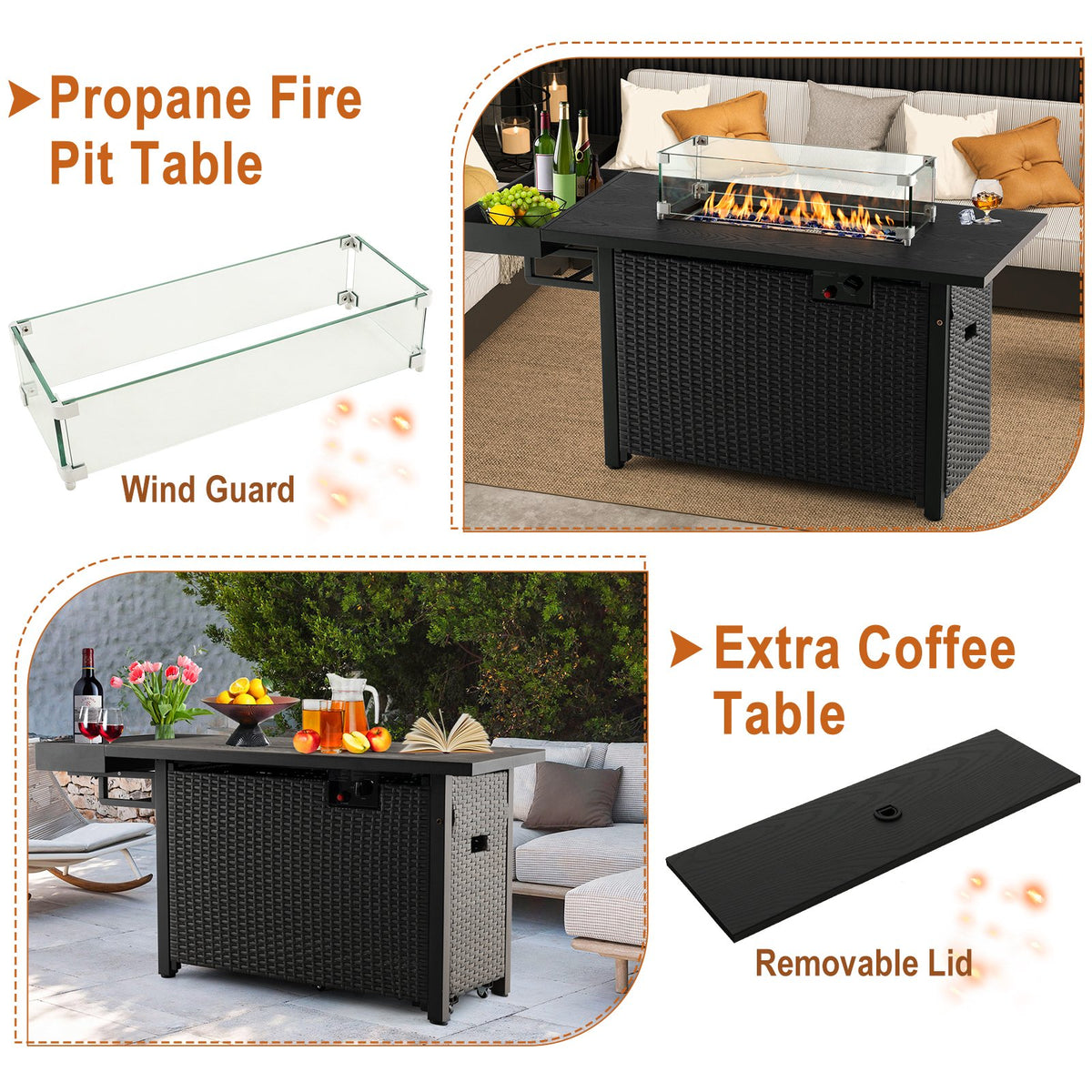 52 Inches Outdoor Wicker Gas Fire Pit Propane Fire Table with Cover-Black view 7