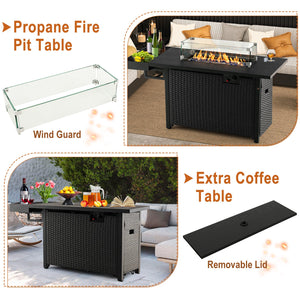 52 Inches Outdoor Wicker Gas Fire Pit Propane Fire Table with Cover-Black view 7
