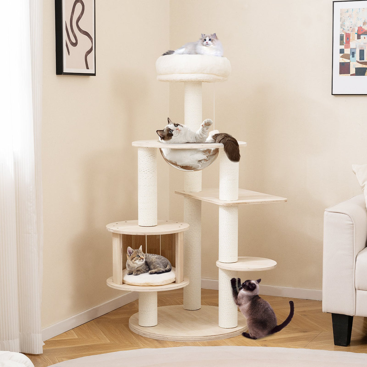 52 Inches Tall Wooden Cat Tree with Washable Plush Cushions and Multi-Level Climbing Stand view 2