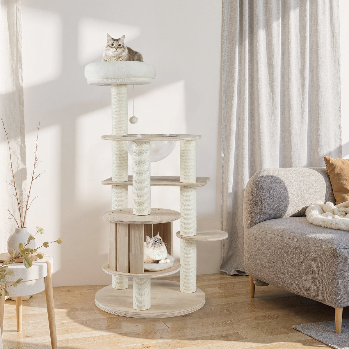 52 Inches Tall Wooden Cat Tree with Washable Plush Cushions and Multi-Level Climbing Stand view 3