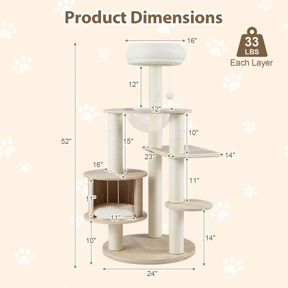 52 Inches Tall Wooden Cat Tree with Washable Plush Cushions and Multi-Level Climbing Stand view 5