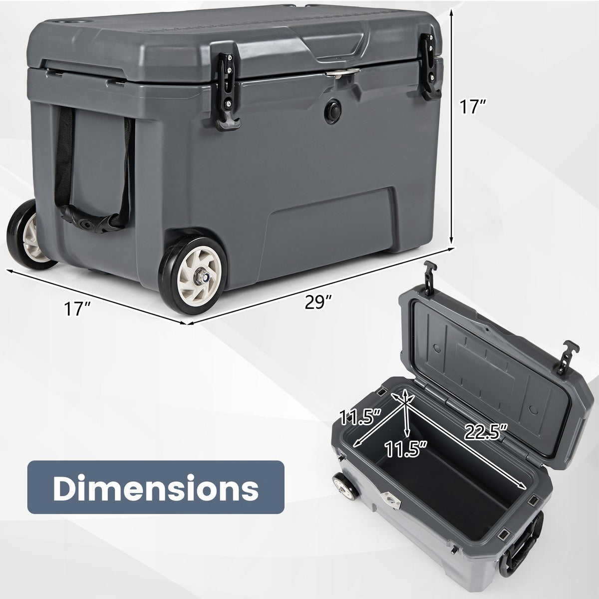 52 Quart Portable Hard Cooler with 6-Day Ice Retention and Wheels-Gray view 3