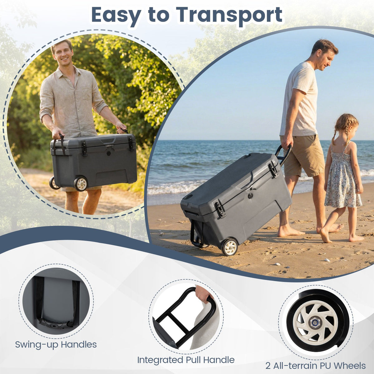 52 Quart Portable Hard Cooler with 6-Day Ice Retention and Wheels-Gray view 7