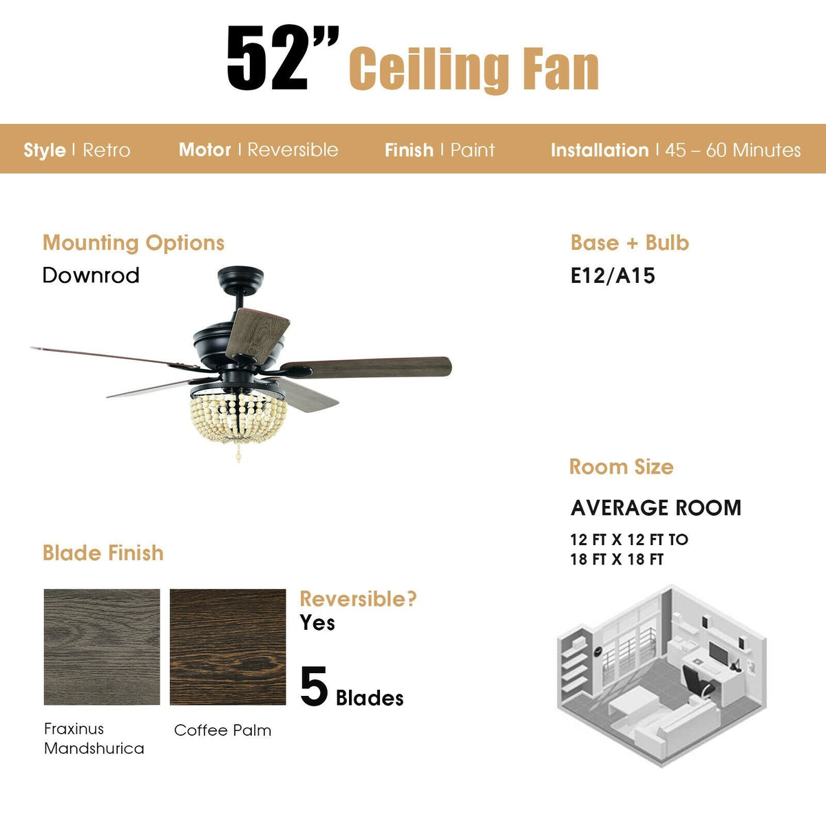 52 Inch Retro Ceiling Fan Light with Reversible Blades Remote Control-Black view 4