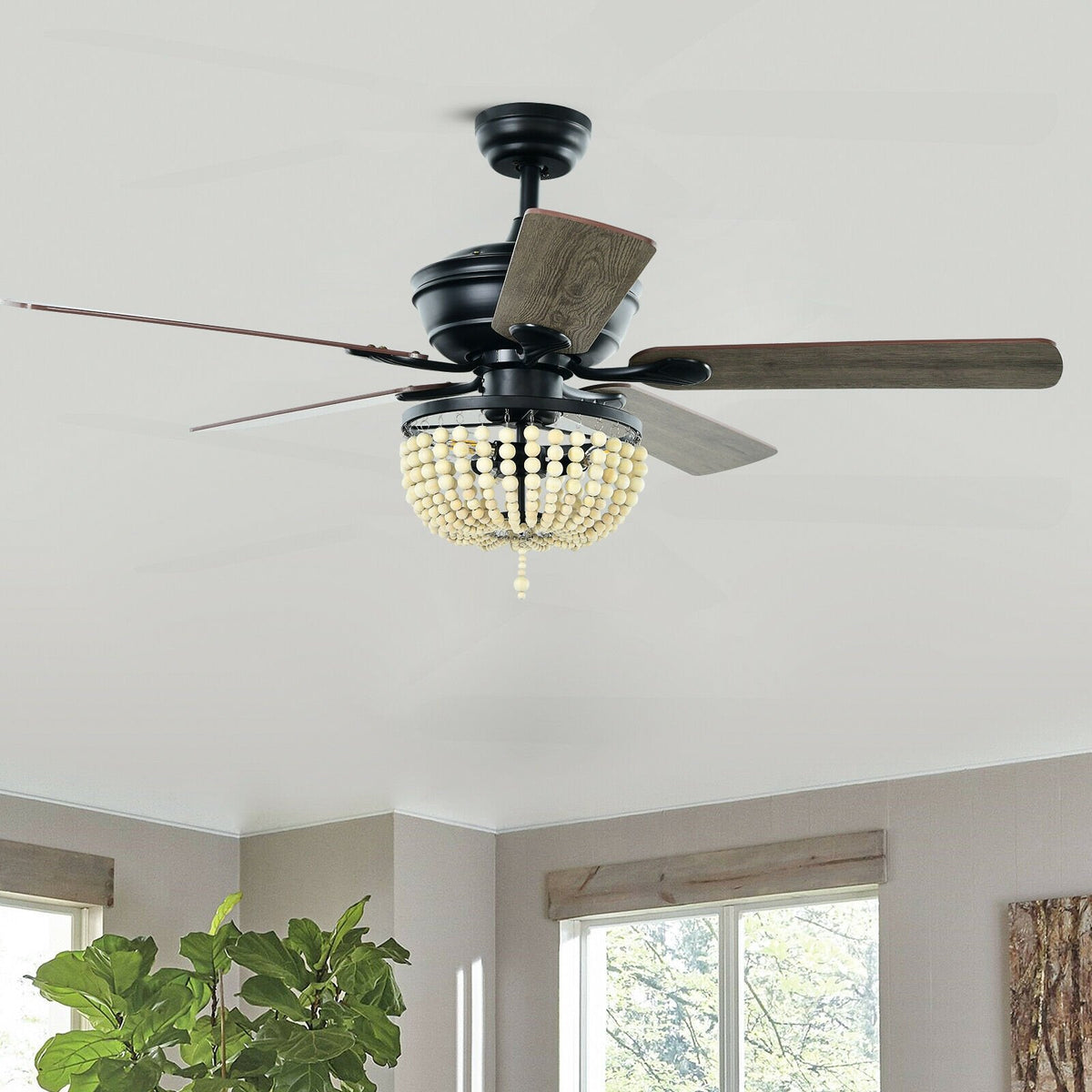 52 Inch Retro Ceiling Fan Light with Reversible Blades Remote Control-Black view 9