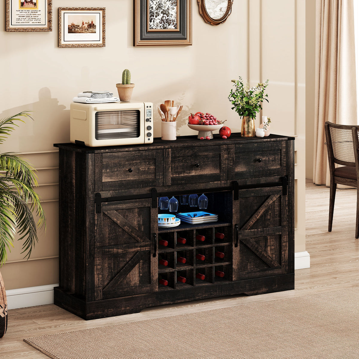 52 Inches Wine Bar Cabinet with LED Lights and Sliding Barn Doors-Black view 2