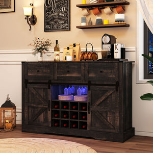52 Inches Wine Bar Cabinet with LED Lights and Sliding Barn Doors-Black view 3