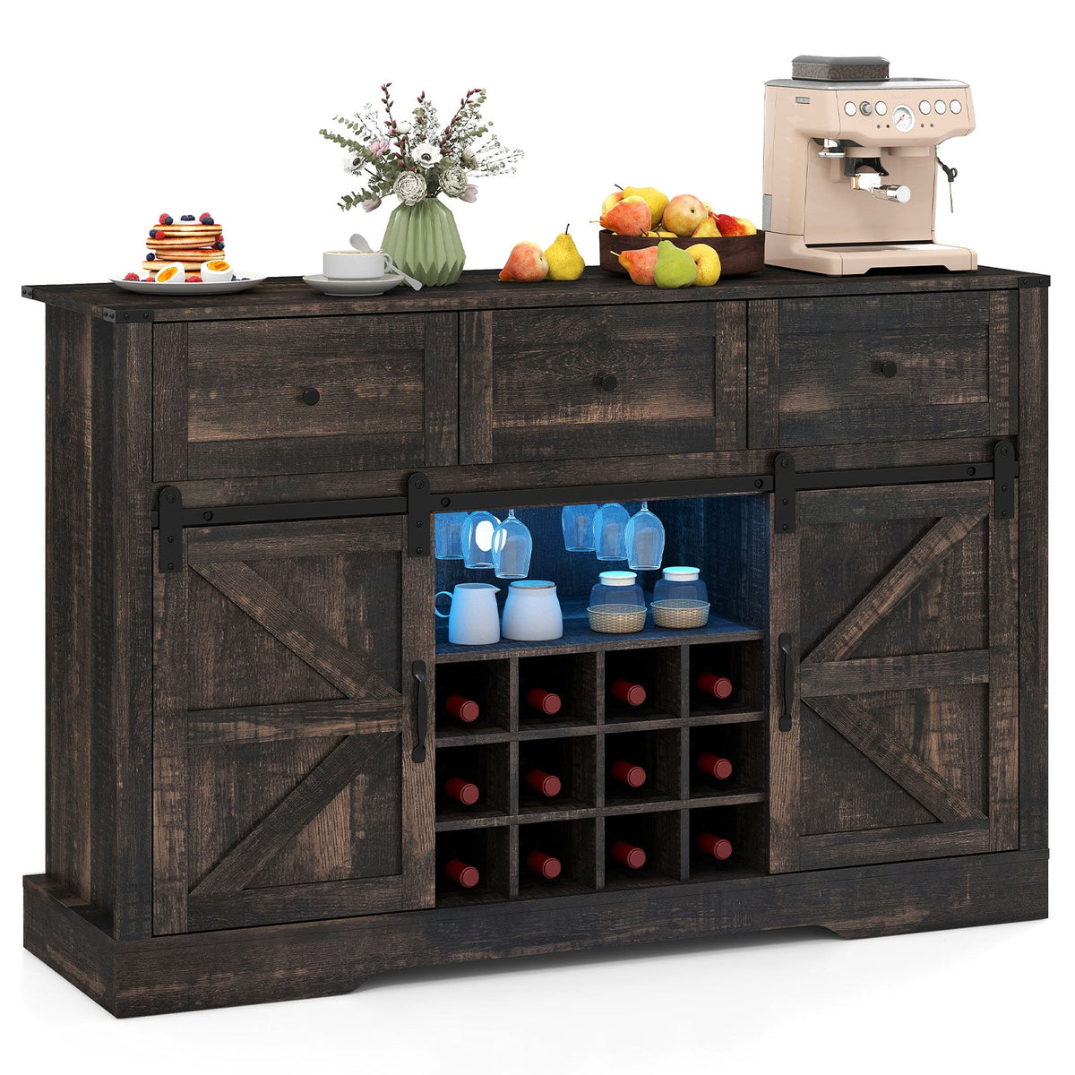 52 Inches Wine Bar Cabinet with LED Lights and Sliding Barn Doors-Black view 4