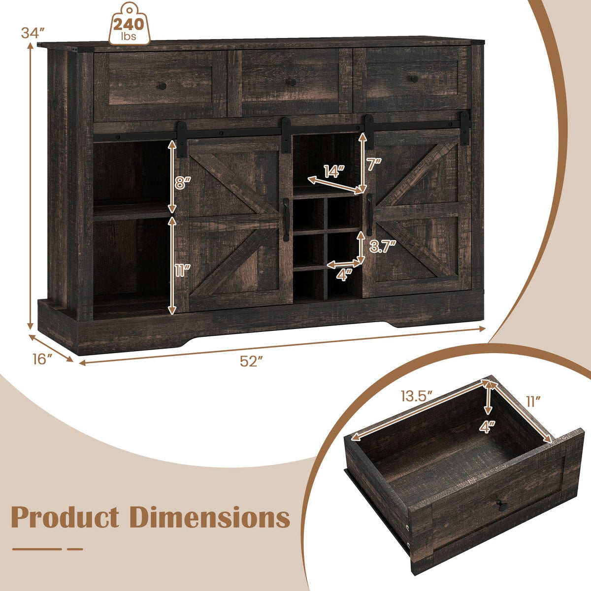 52 Inches Wine Bar Cabinet with LED Lights and Sliding Barn Doors-Black view 5