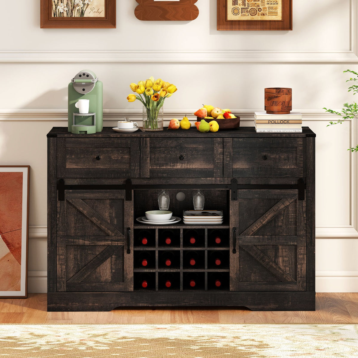 52 Inches Wine Bar Cabinet with LED Lights and Sliding Barn Doors-Black view 6