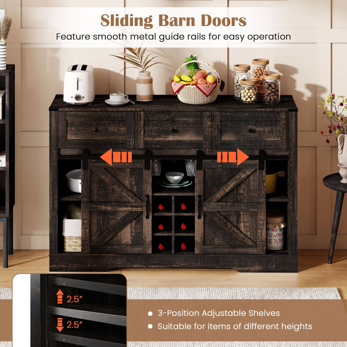 52 Inches Wine Bar Cabinet with LED Lights and Sliding Barn Doors-Black view 8