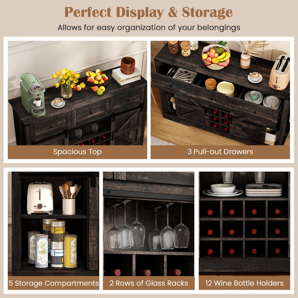 52 Inches Wine Bar Cabinet with LED Lights and Sliding Barn Doors-Black view 9