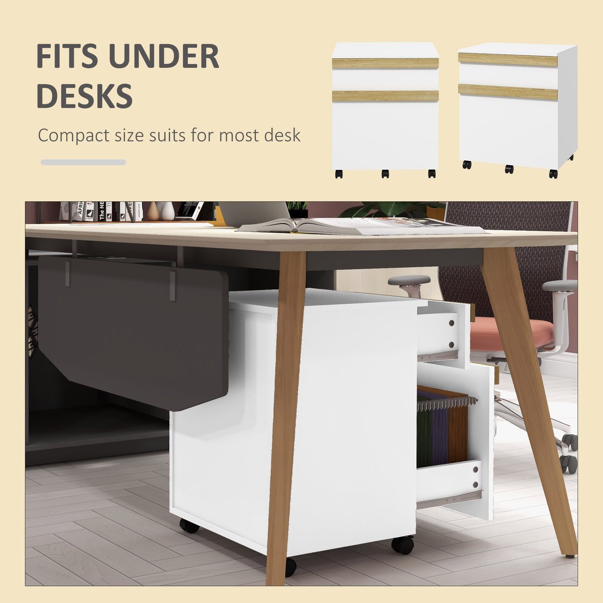 Mobile Filing Cabinet with 2 Drawers, Office Storage Cabinet with 5 Wheels, Black Wood Grain