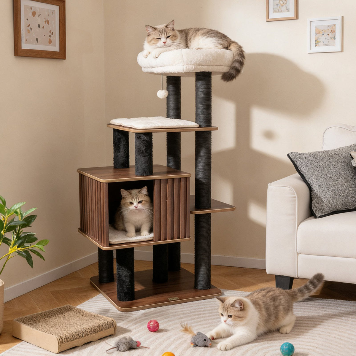 53.5 inch Tall Cat Tree for Indoor Cat Wooden Cat Tower Top Perch with Soft Padding-Brown view 3