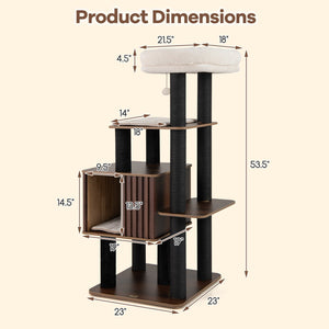 53.5 inch Tall Cat Tree for Indoor Cat Wooden Cat Tower Top Perch with Soft Padding-Brown view 5