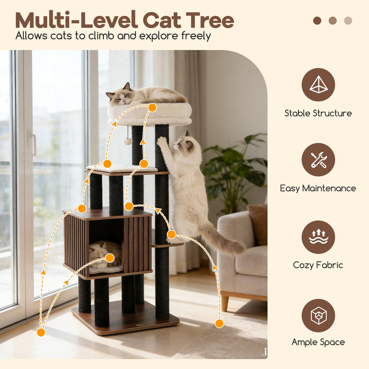 53.5 inch Tall Cat Tree for Indoor Cat Wooden Cat Tower Top Perch with Soft Padding-Brown view 8