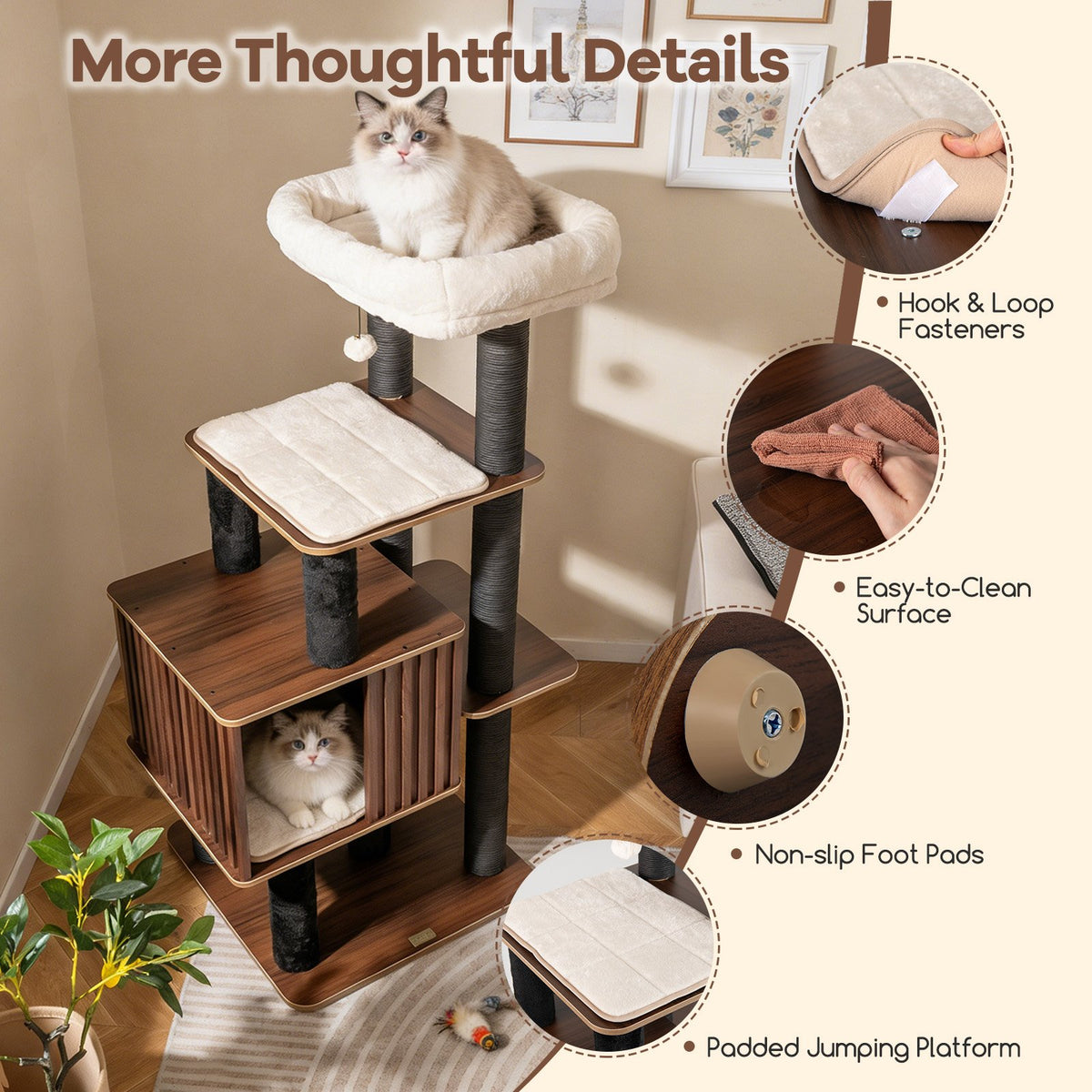 53.5 inch Tall Cat Tree for Indoor Cat Wooden Cat Tower Top Perch with Soft Padding-Brown view 9