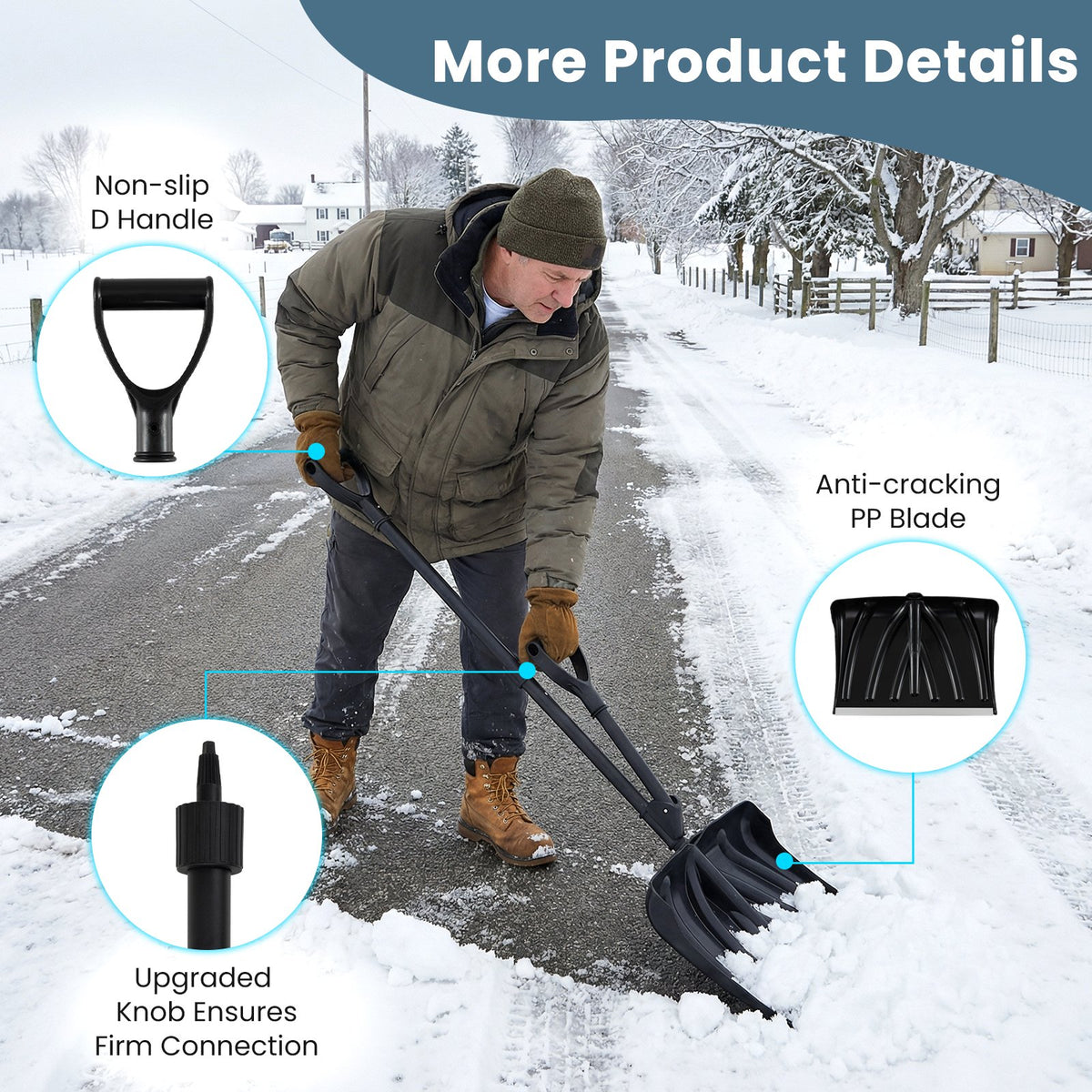 53 Inch Snow Shovel with Assist Handle for Driveway Car Garage Camping-Black view 8