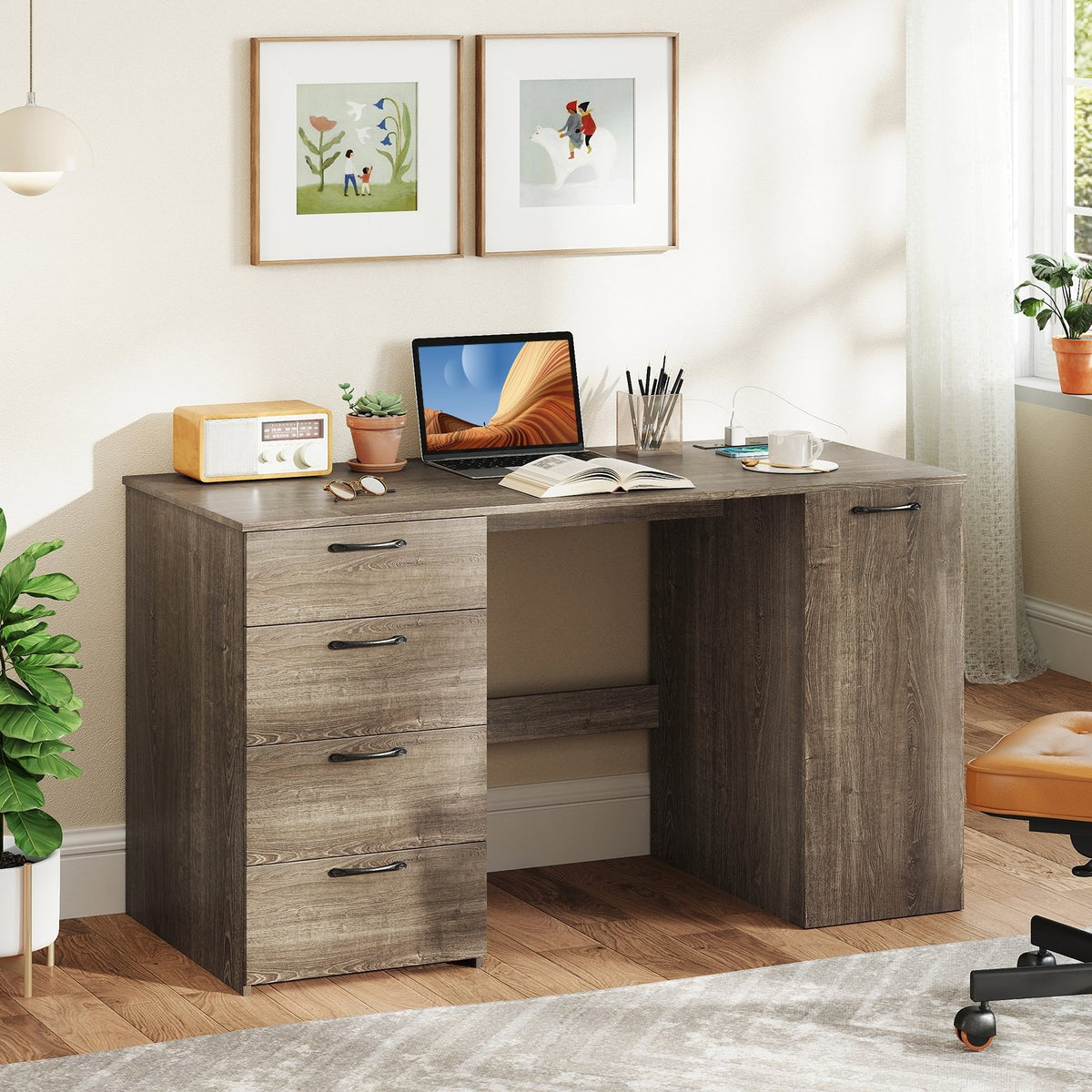53 Inches Computer Desk with Power Outlets and 4 Storage Drawers-Gray view 2