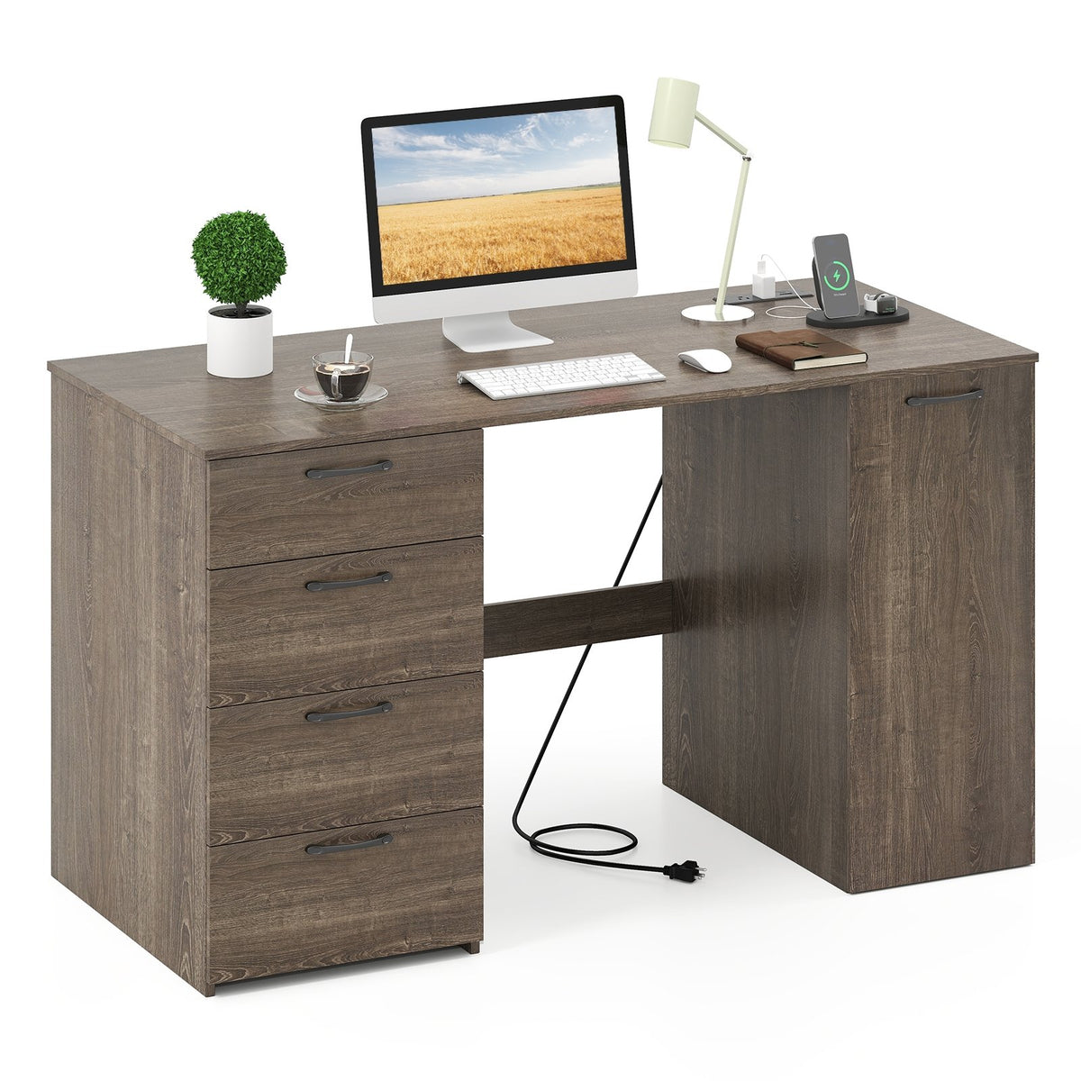 53 Inches Computer Desk with Power Outlets and 4 Storage Drawers-Gray view 4