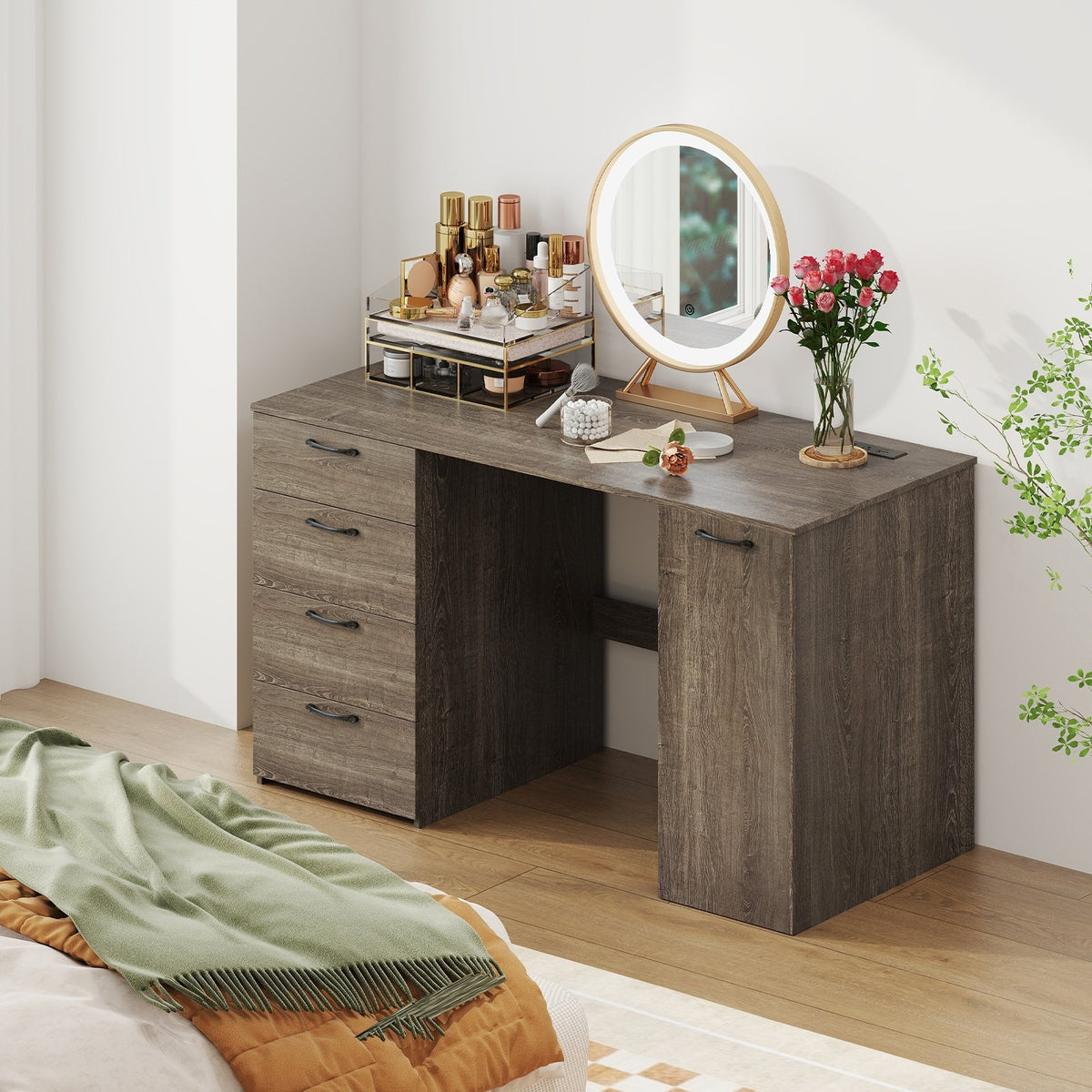 53 Inches Computer Desk with Power Outlets and 4 Storage Drawers-Gray view 6