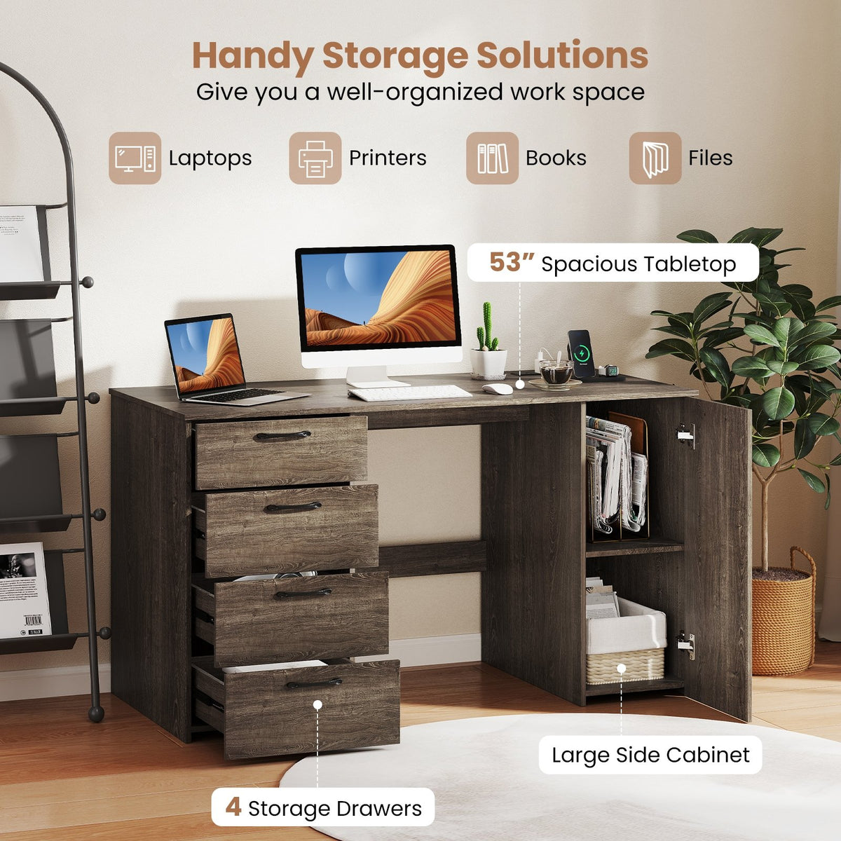 53 Inches Computer Desk with Power Outlets and 4 Storage Drawers-Gray view 8