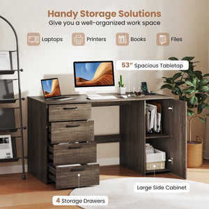 53 Inches Computer Desk with Power Outlets and 4 Storage Drawers-Gray view 8
