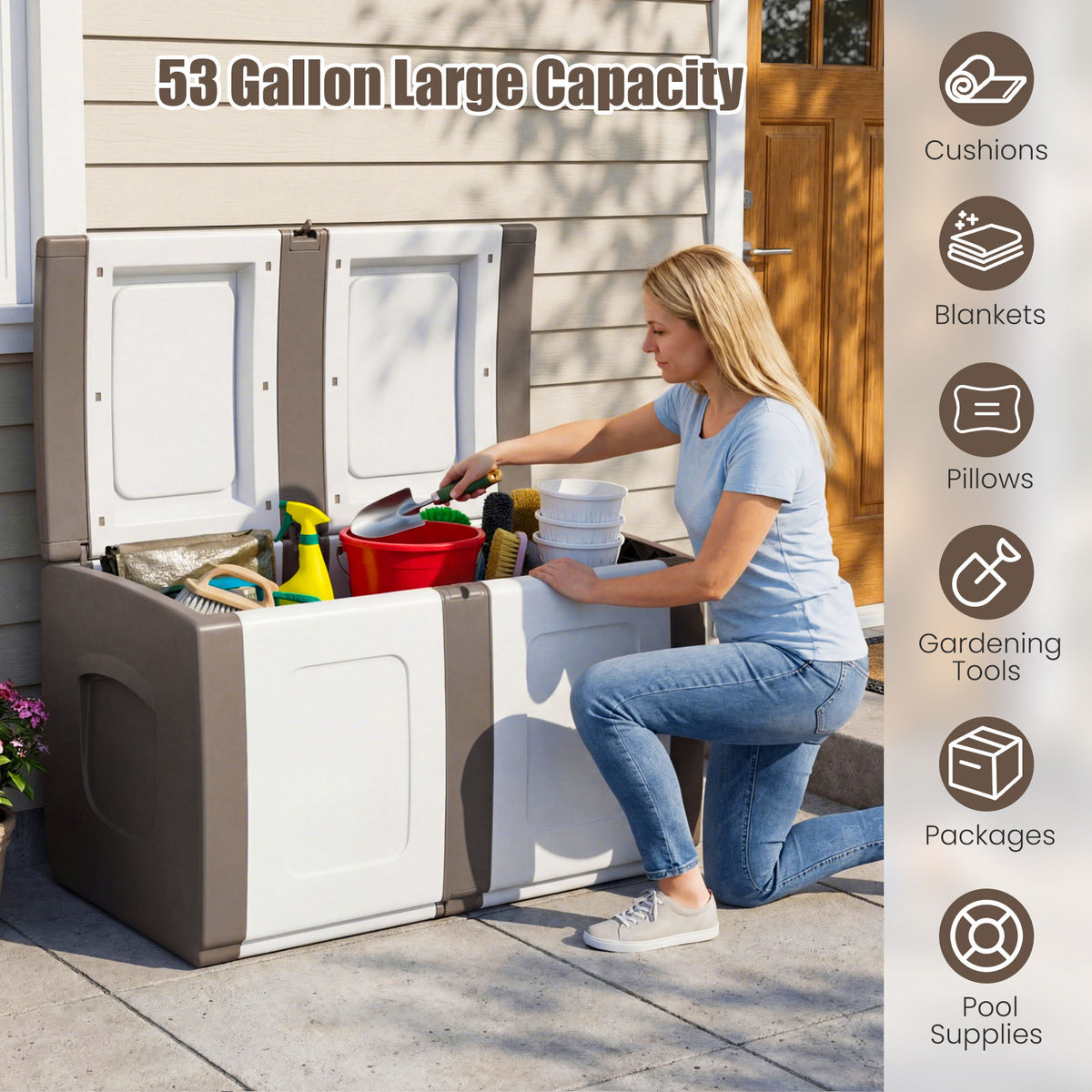 53 Gallon Patio Container with Lockable Lid, for Packages and Garden-Beige view 7
