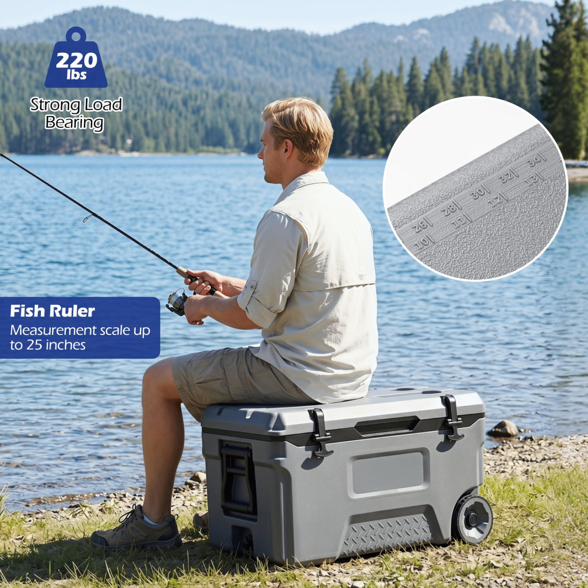 53 Quart Portable Rolling Cooler with Fish Ruler for Outdoor-Gray view 5