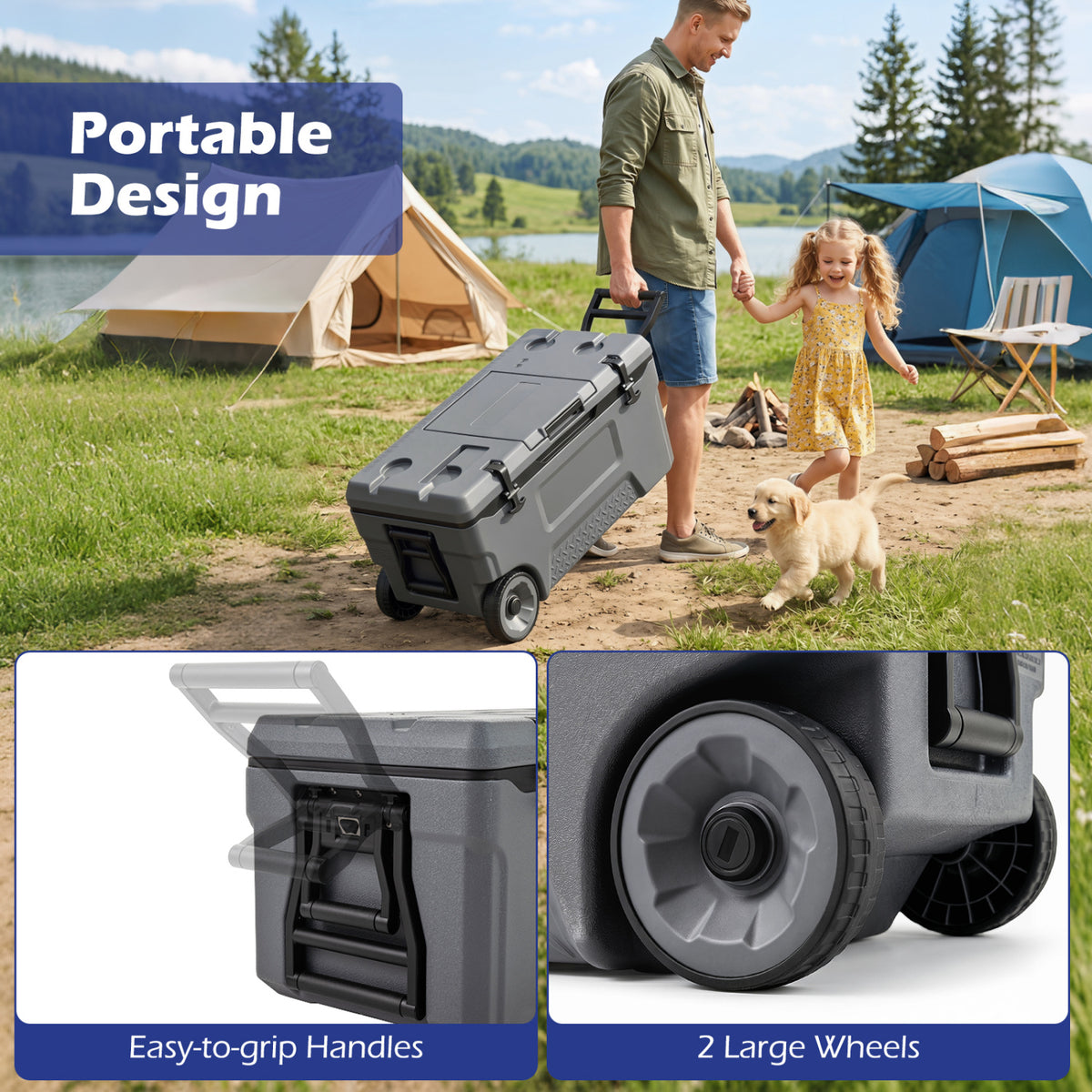 53 Quart Portable Rolling Cooler with Fish Ruler for Outdoor-Gray view 8
