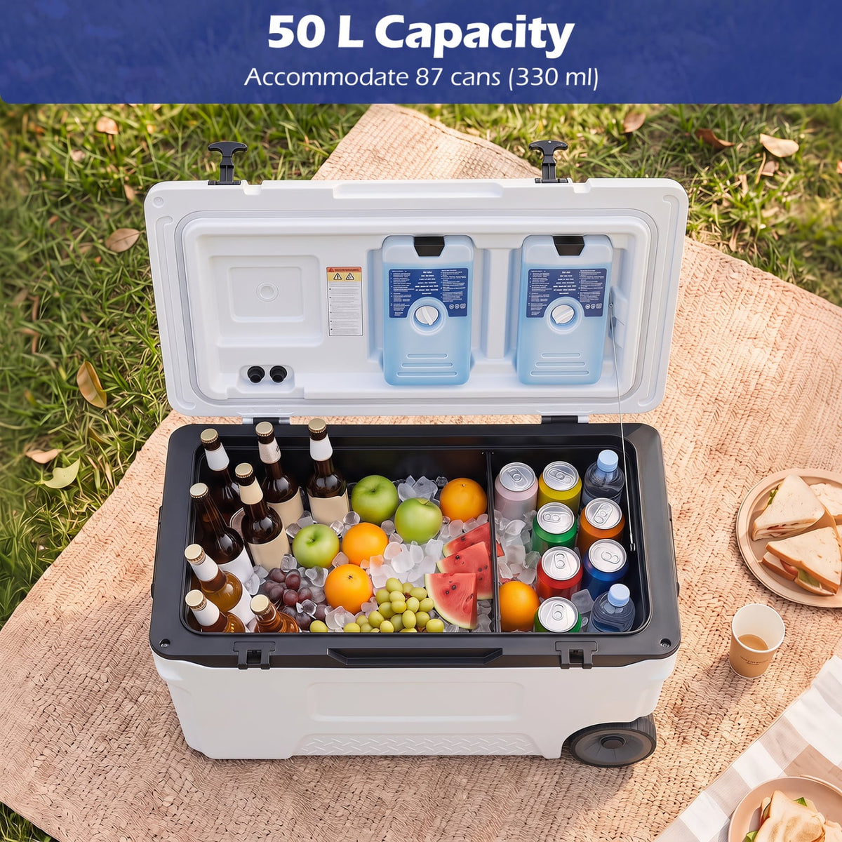 53 Quart Portable Rolling Cooler with Fish Ruler for Outdoor-White view 7