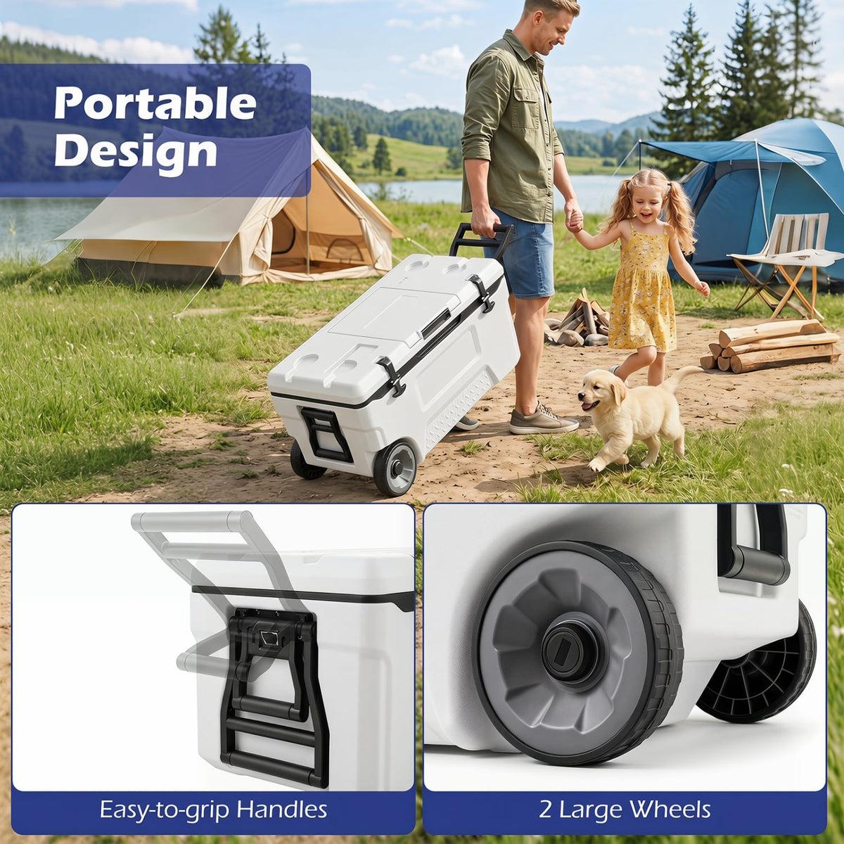 53 Quart Portable Rolling Cooler with Fish Ruler for Outdoor-White view 8