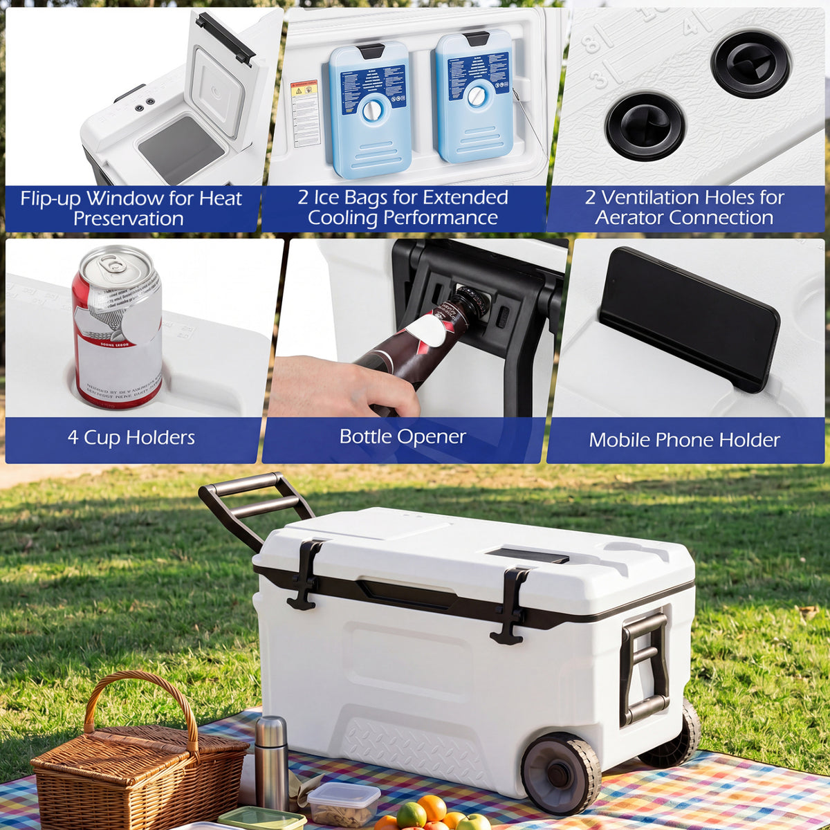 53 Quart Portable Rolling Cooler with Fish Ruler for Outdoor-White view 9