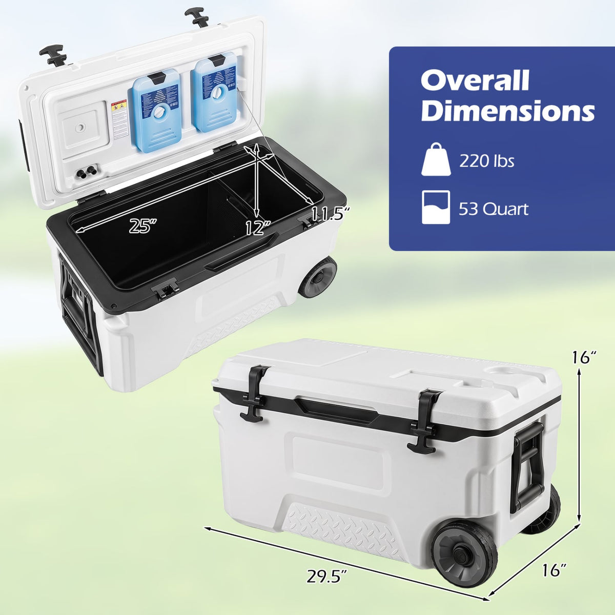 53 Quart Portable Rolling Cooler with Fish Ruler for Outdoor-White view 4