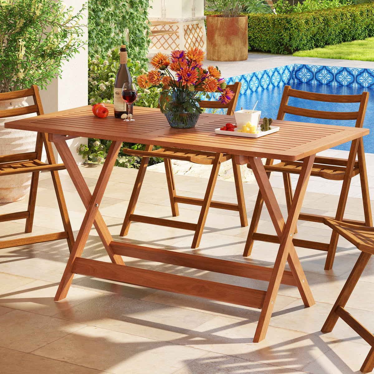 54.5 Inch x 27.5 Inch, Patio Dining Table with Teak Painting and Umbrella Hole view 3