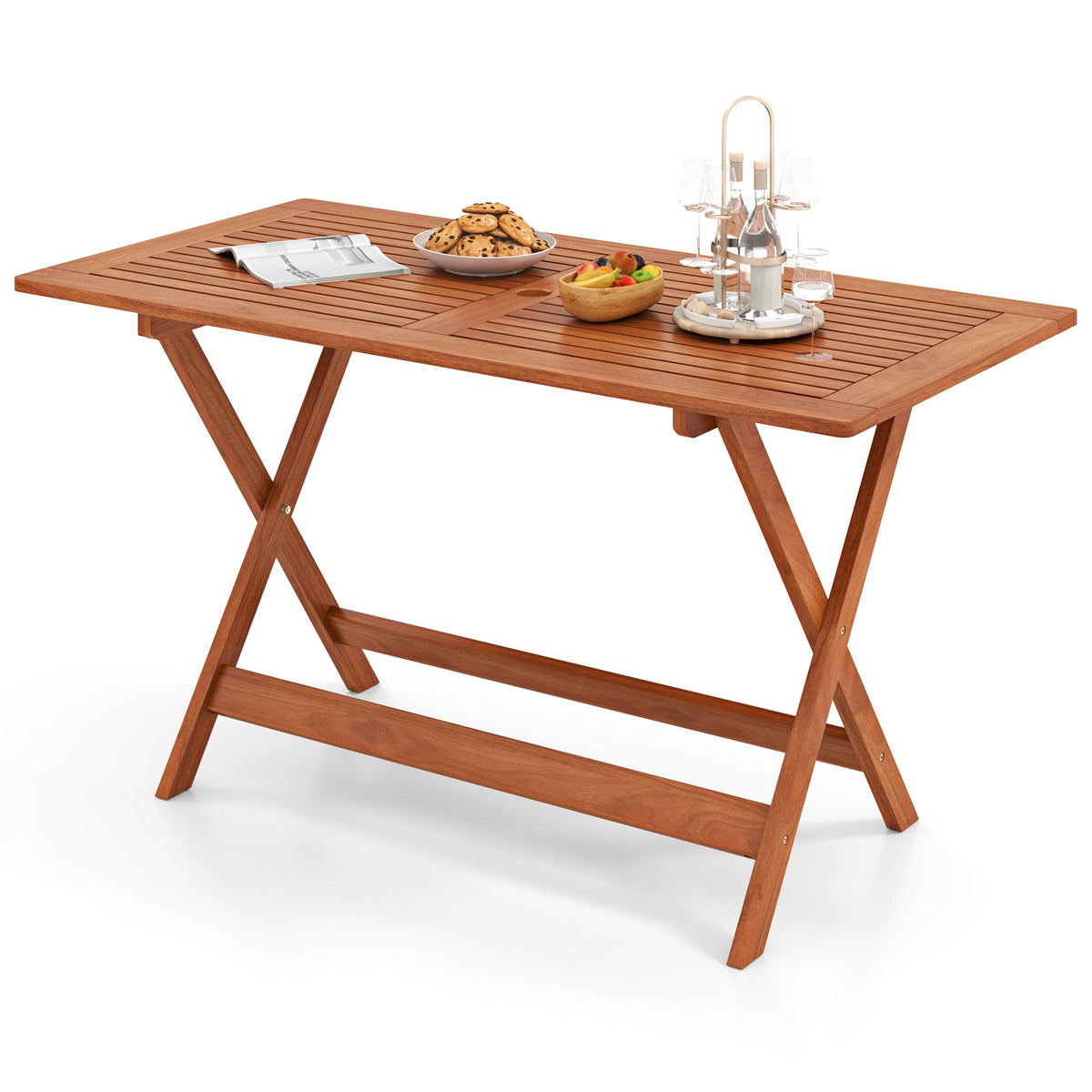 54.5 Inch x 27.5 Inch, Patio Dining Table with Teak Painting and Umbrella Hole view 4