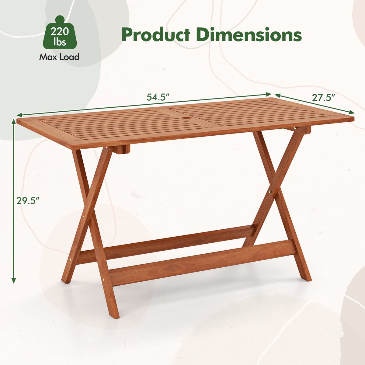54.5 Inch x 27.5 Inch, Patio Dining Table with Teak Painting and Umbrella Hole view 5