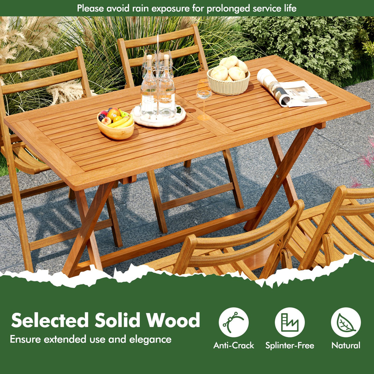 54.5 Inch x 27.5 Inch, Patio Dining Table with Teak Painting and Umbrella Hole view 7