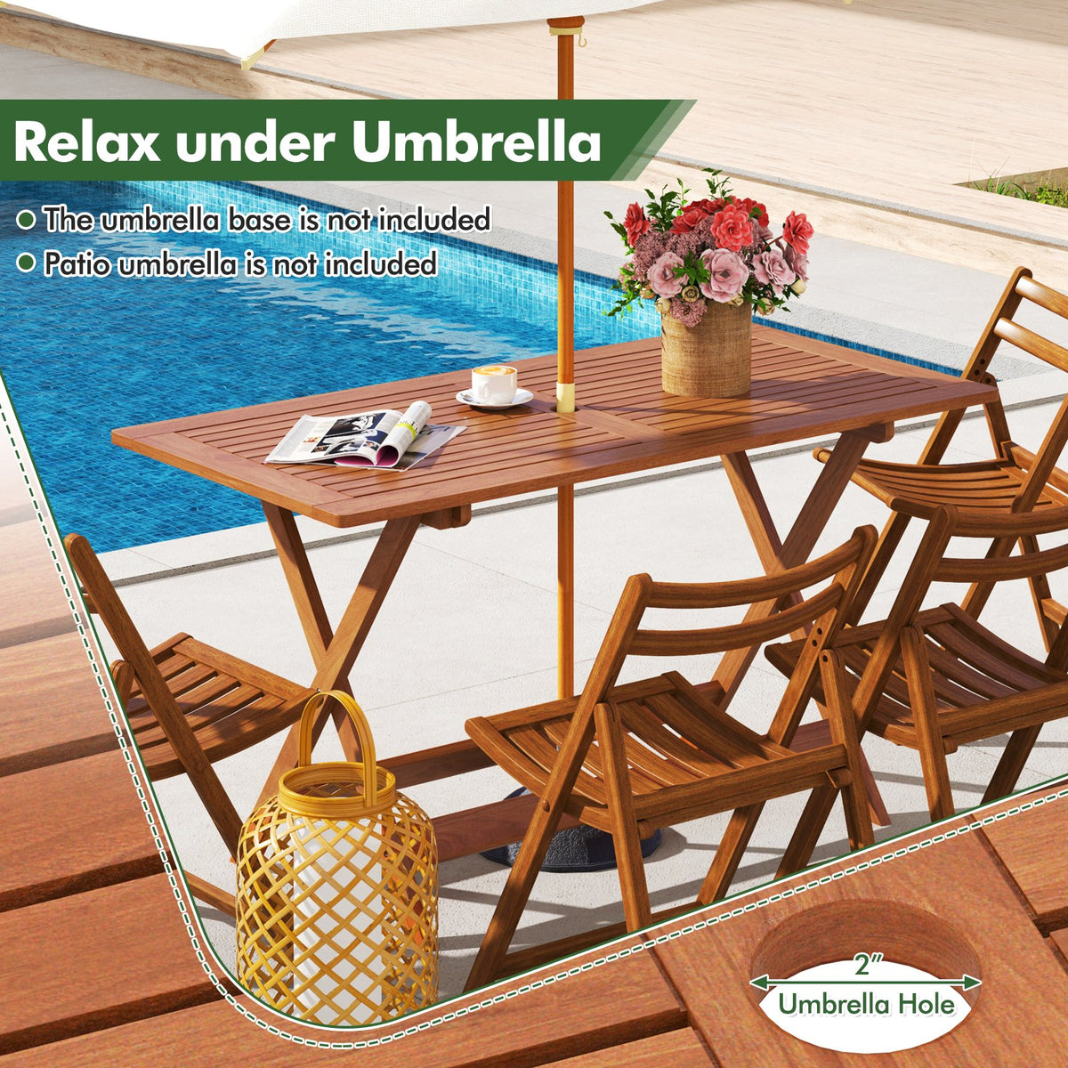 54.5 Inch x 27.5 Inch, Patio Dining Table with Teak Painting and Umbrella Hole view 8