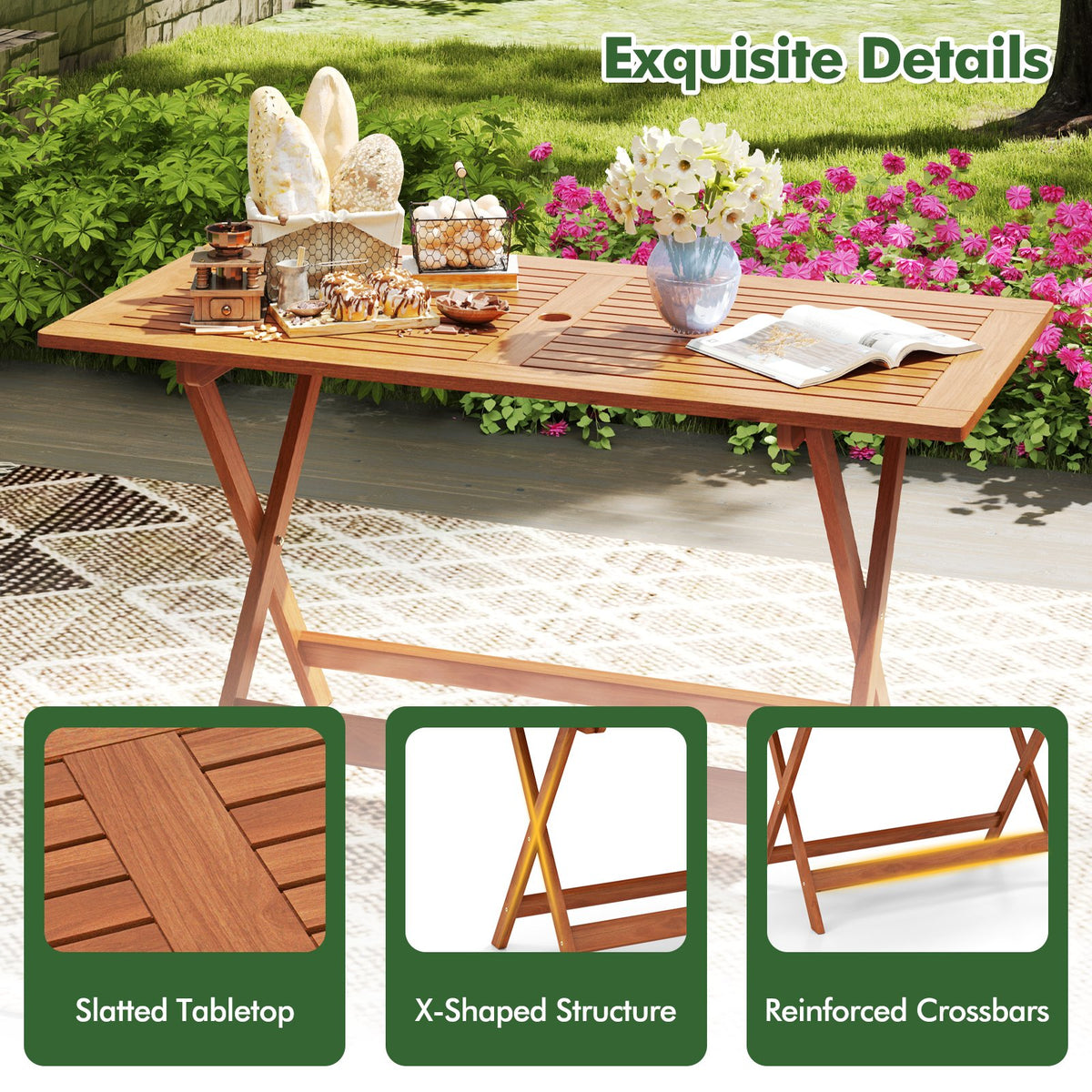54.5 Inch x 27.5 Inch, Patio Dining Table with Teak Painting and Umbrella Hole view 9