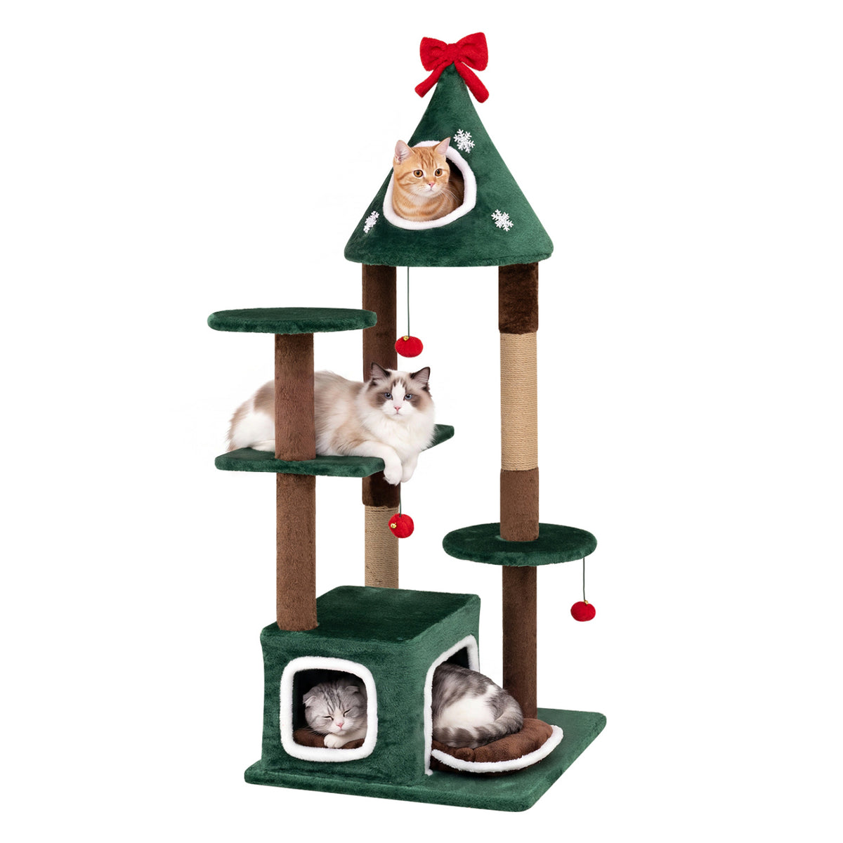 54 inchesChristmas Cat Tree with 2 Condos and Removable Cushion-Green