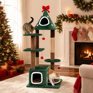 54 inchesChristmas Cat Tree with 2 Condos and Removable Cushion-Green view 2